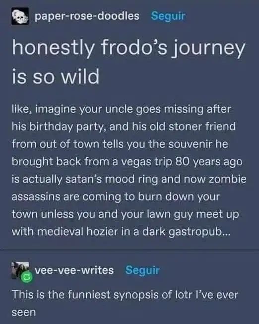 A lotr meme text post summarizing the plot as a wild story about an uncle disappearing and a satanic mood ring.