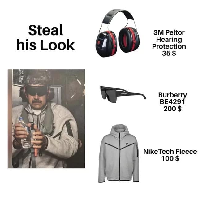 A Steal His Look meme breaking down Maduro's arrest outfit including hearing protection and Nike Tech fleece