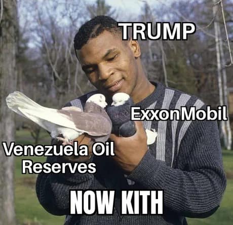 A funny meme showing Mike Tyson pushing two pigeons labeled Trump and ExxonMobil to kiss Venezuela Oil.