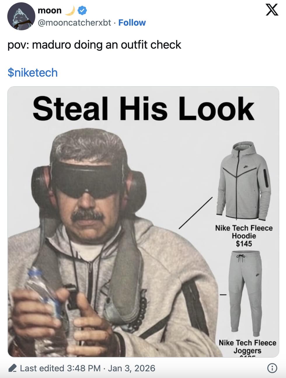 A Steal His Look meme breaking down the cost of Maduro's arrest outfit including the Burberry sunglasses.