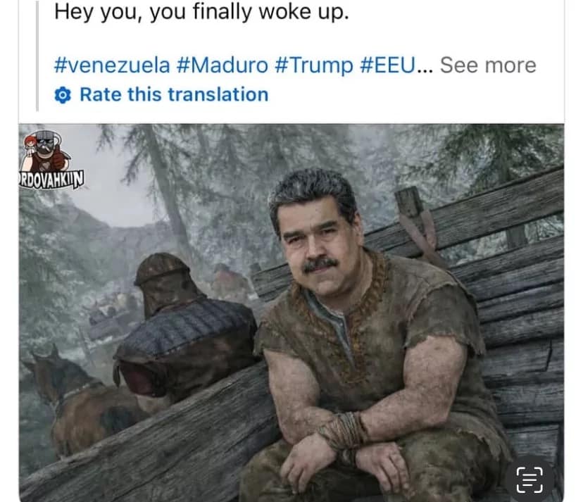 A Skyrim meme showing Nicolas Maduro sitting in the prisoner cart with the caption Hey you, you finally woke up.