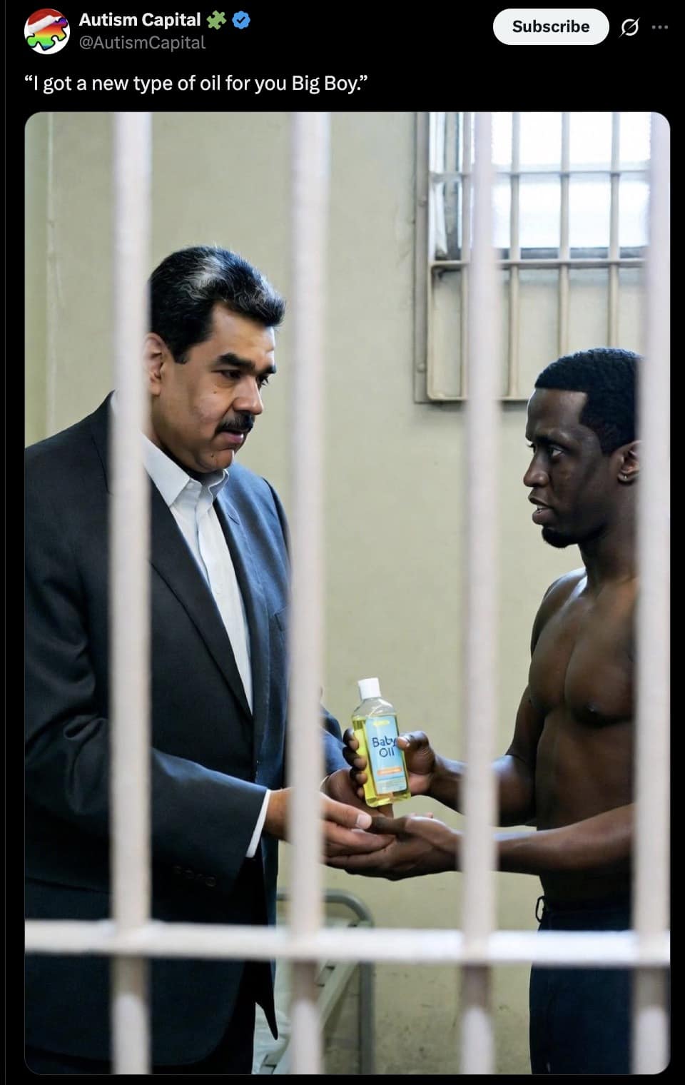 A meme showing Nicolas Maduro in a jail cell offering a bottle of baby oil to P Diddy.