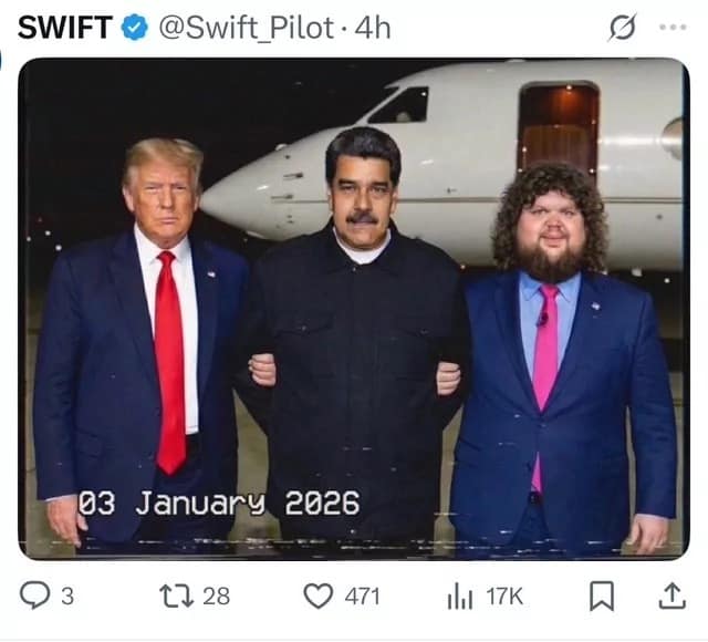 A funny photo edit showing Donald Trump, Nicolas Maduro, and streamer Caseoh standing together in front of a plane.