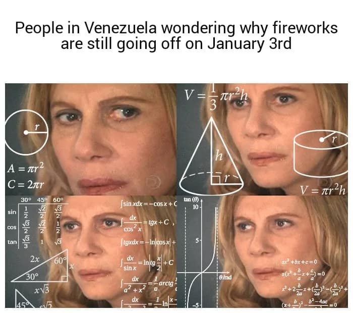 The calculating math lady meme confused about why fireworks are going off in Venezuela on January 3rd.