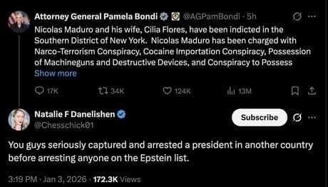 A viral tweet criticizing the government for arresting a foreign president before anyone on the Epstein list.