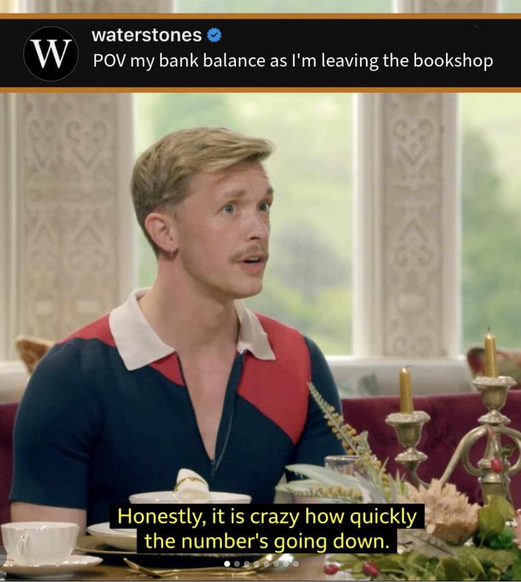 The Traitors UK meme showing a contestant with a mustache looking worried, captioned "POV my bank balance as I'm leaving the bookshop" with subtitles about numbers going down.