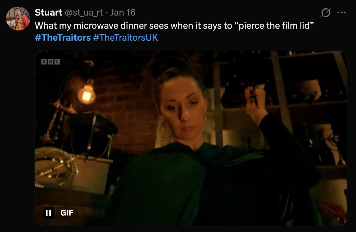 A The Traitors UK meme showing a female contestant raising a hand aggressively, captioned "What my microwave dinner sees when it says to 'pierce the film lid'".
