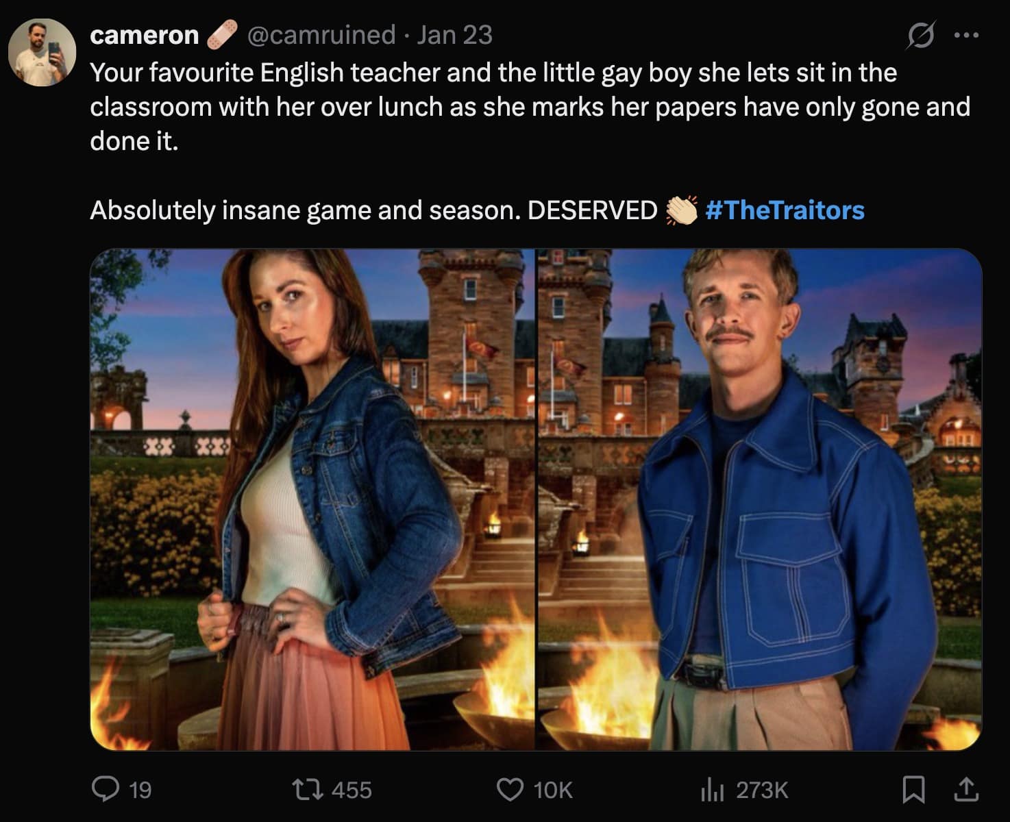 A The Traitors UK meme comparing two contestants to a favorite English teacher and the student she lets sit in her classroom during lunch.