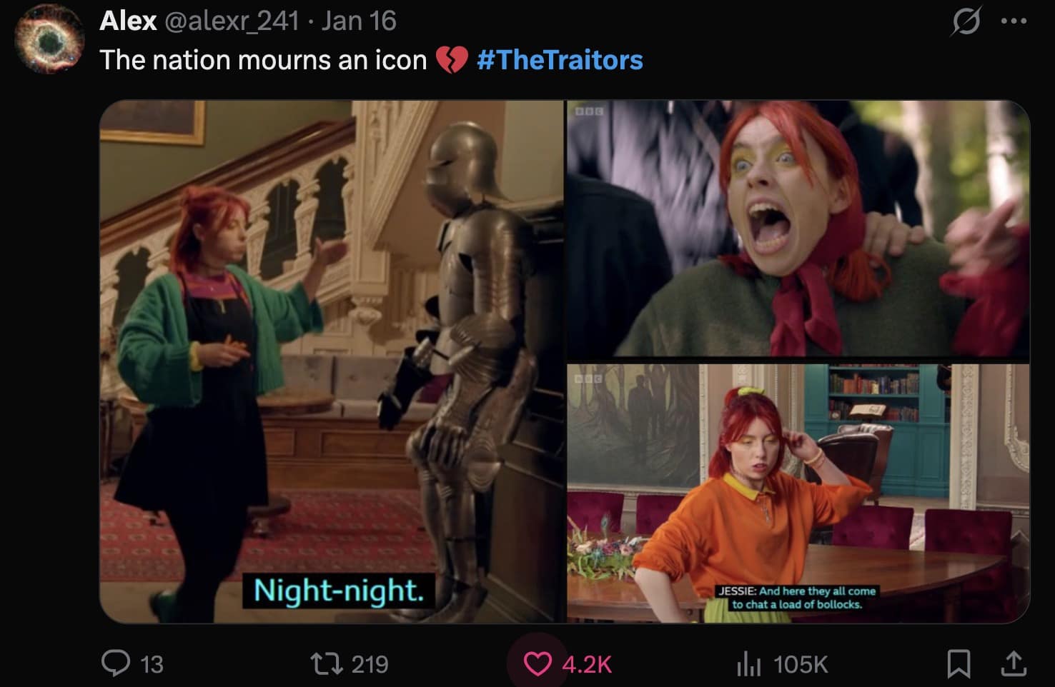 A The Traitors UK meme showing a contestant waving goodbye to a suit of armor, captioned "The nation mourns an icon".