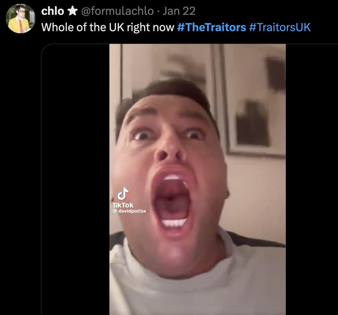 A The Traitors UK meme showing a man screaming with his mouth wide open, captioned "Whole of the UK right now".