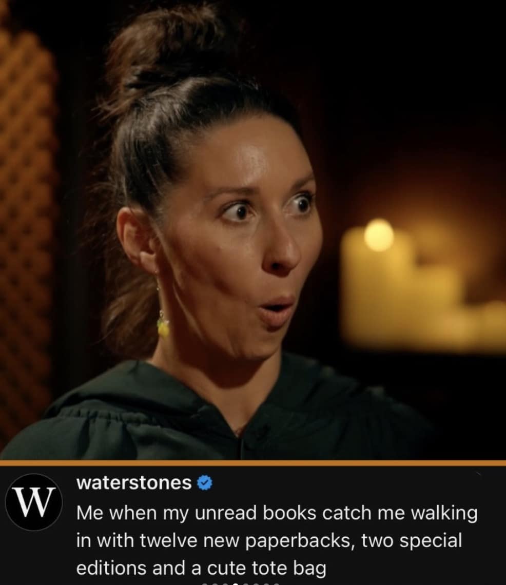 A The Traitors UK meme showing a contestant looking shocked, captioned about being caught by unread books while bringing home a new haul.