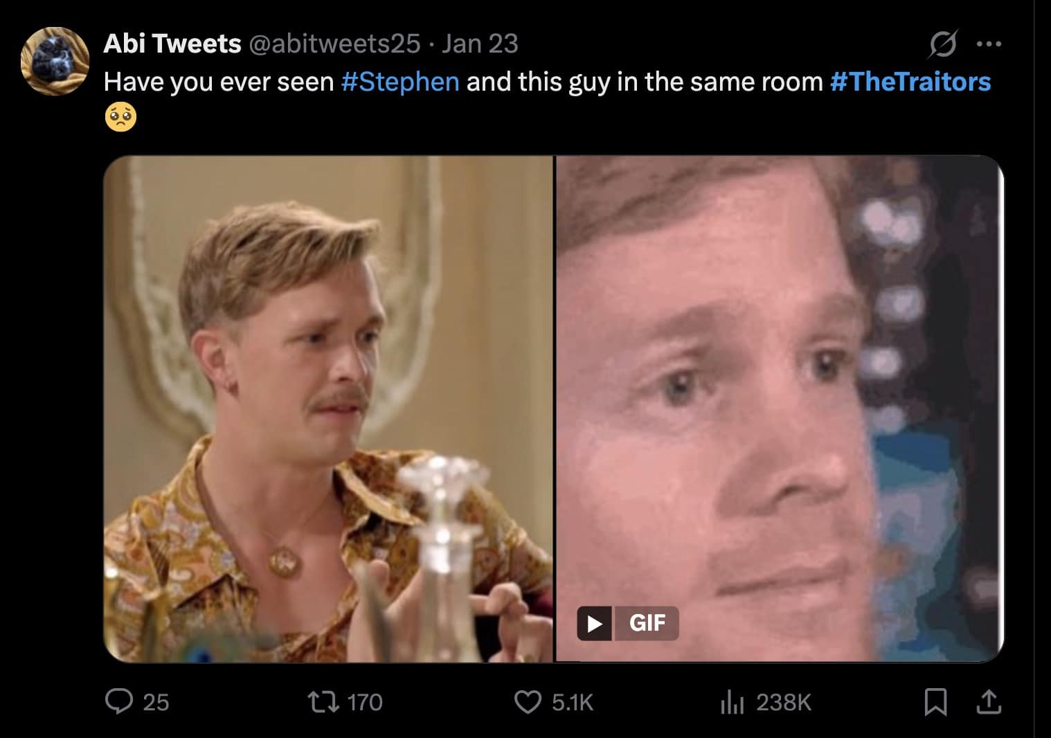 A The Traitors UK meme comparing contestant Stephen to the viral "blinking white guy" meme, noting their physical resemblance.
