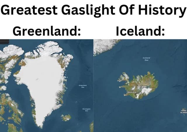 A Trump Greenland meme comparing the icy map of Greenland to the green map of Iceland labeled as gaslighting.