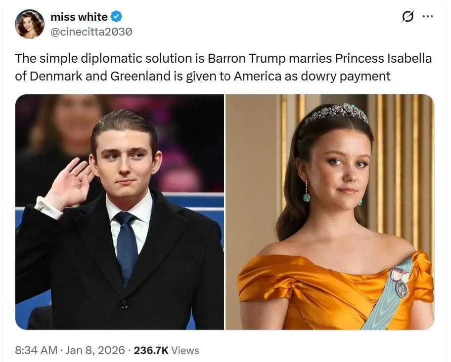A Trump Greenland meme tweet proposing Barron Trump marry a Danish princess to acquire Greenland as a dowry.
