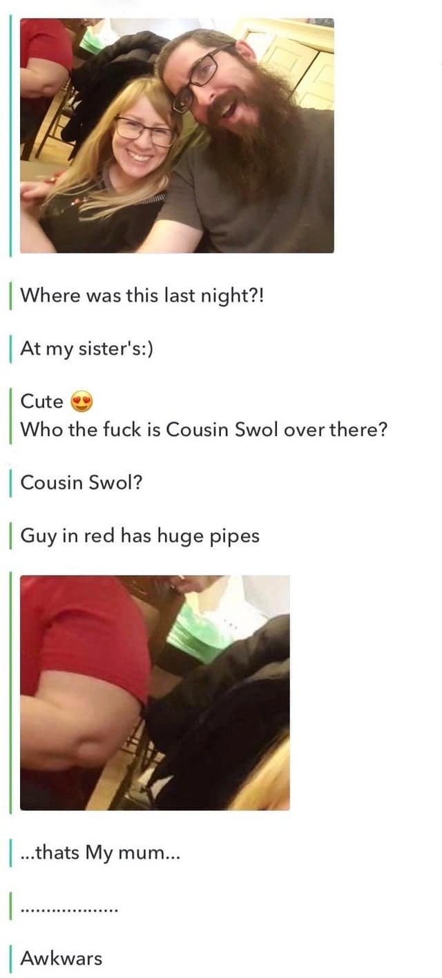 A funny text conversation mistaking a mom's arm for a muscular man called "Cousin Swol", an absolute unit.