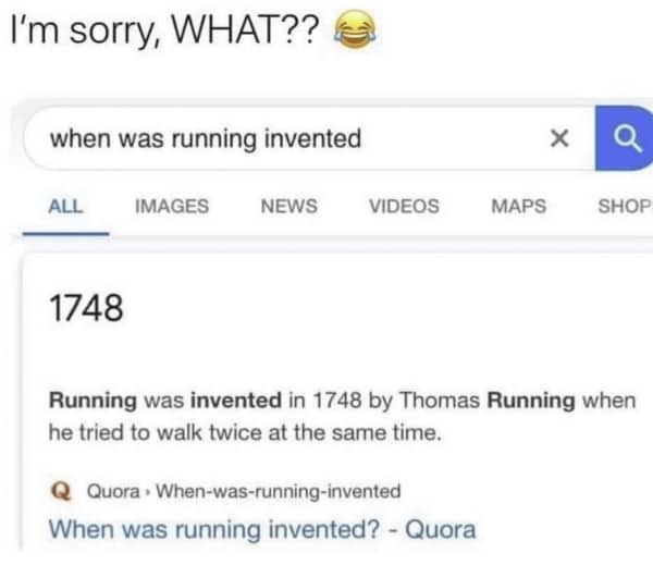 Fake Google search result claiming Thomas Running invented running in 1748.