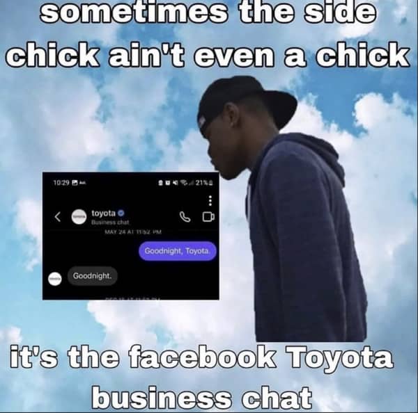 Sad man meme about saying goodnight to the Toyota Facebook business chat account.