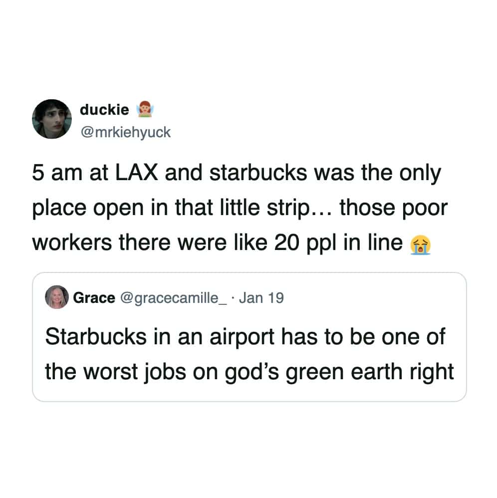 Tweet describing 5 AM line at LAX Starbucks with stressed workers.