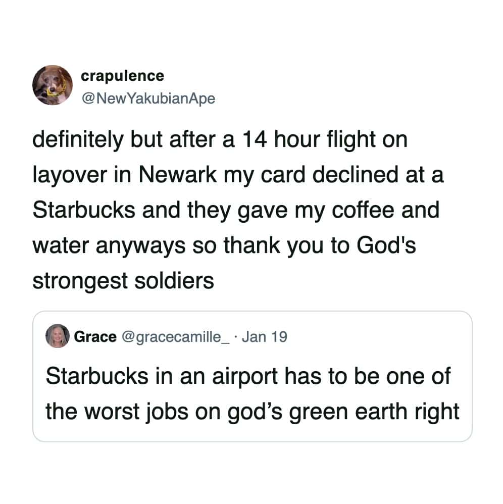 Tweet praising Newark Starbucks baristas for giving free coffee after card decline.