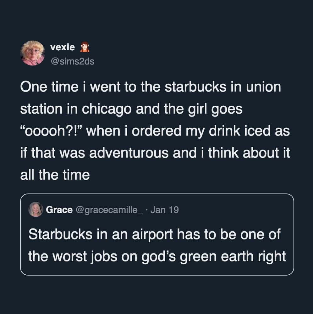 Tweet about sarcastic barista reaction to iced drink order at Union Station.