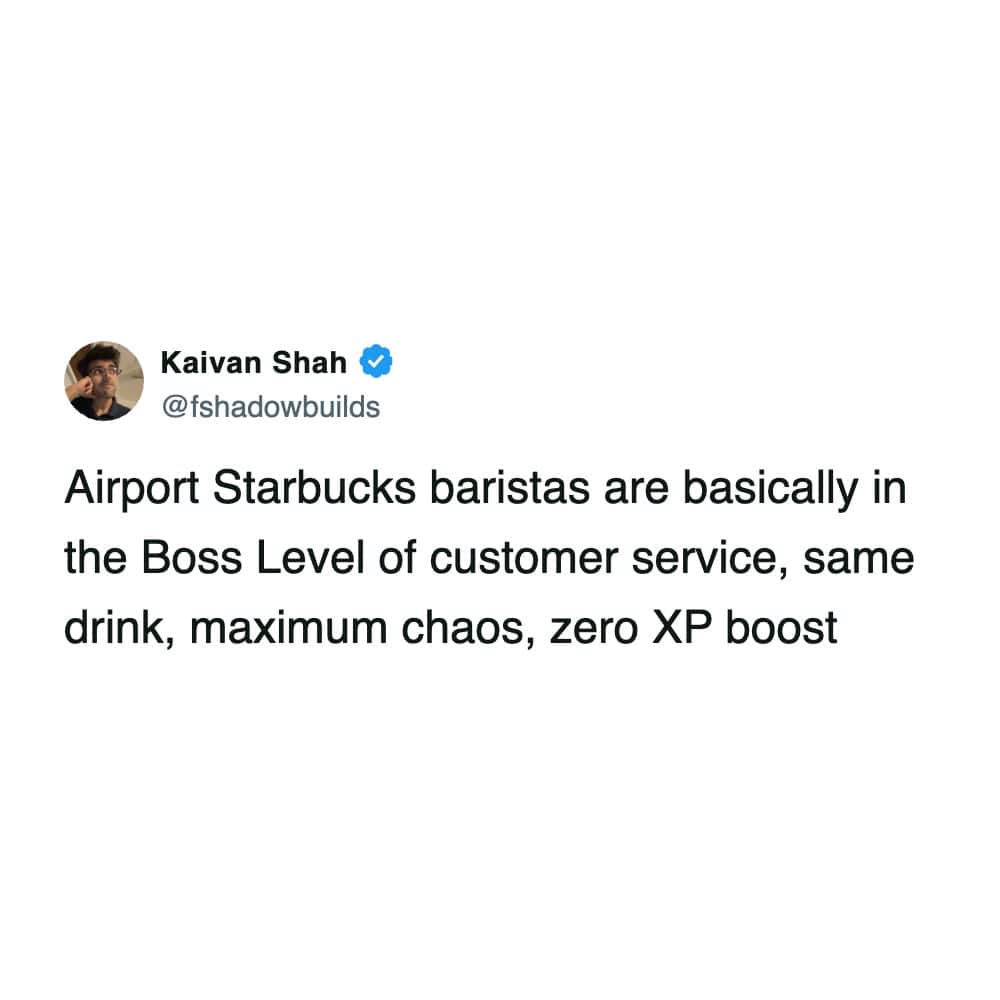 Tweet comparing airport baristas to Boss Level video game characters.