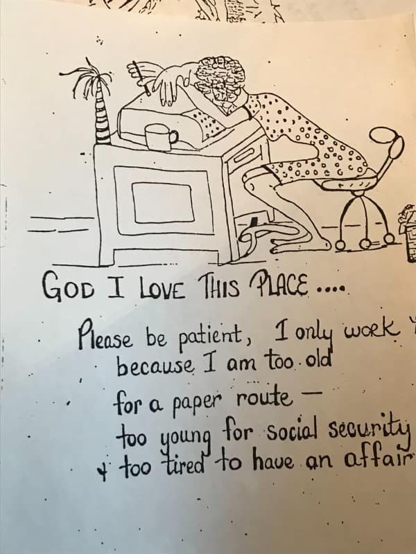 Exhausted woman at typewriter claiming she is too old for a paper route ancient memes.