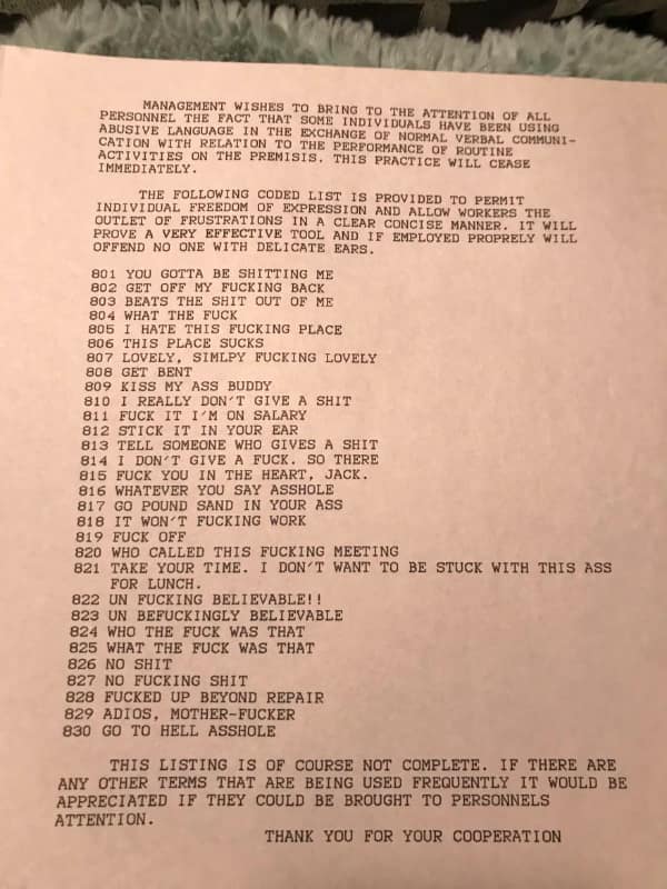 Memo list of numeric codes for swearing in the workplace ancient memes humor.