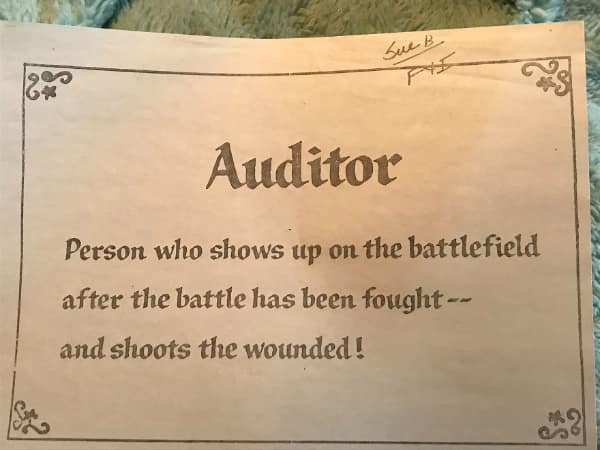 Definition card describing an Auditor as someone who shoots the wounded ancient memes.