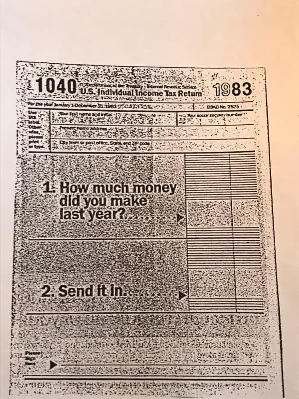Fake 1983 IRS Form 1040 asking how much you made and saying send it in.