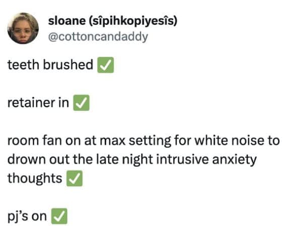A checklist meme showing a bedtime routine that includes turning a fan on max to drown out intrusive thoughts.