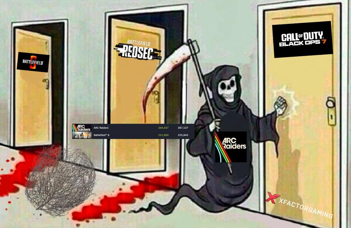 An Arc Raiders meme showing the game as the Grim Reaper coming for Call of Duty and Battlefield.