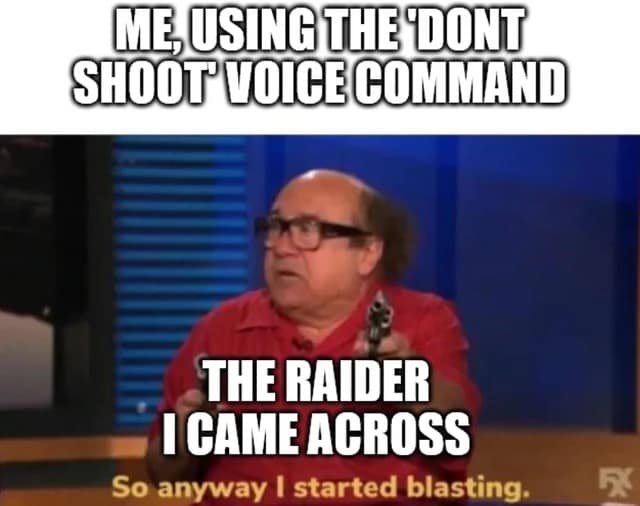 An Arc Raiders meme featuring Danny DeVito blasting weapons after using a friendly voice command