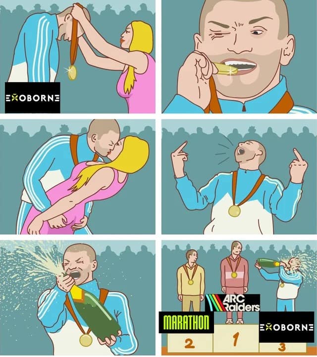 An Arc Raiders meme depicting Exoborne celebrating third place while Arc Raiders stands on the first place podium