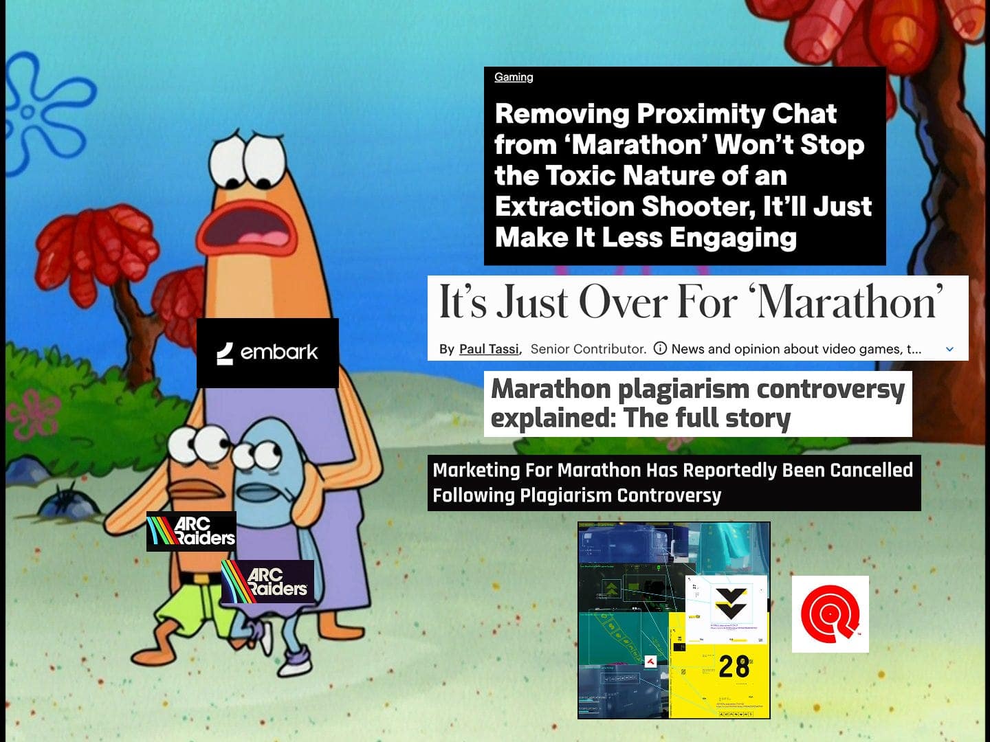 An Arc Raiders meme using Spongebob to compare Marathon's struggles to Arc Raiders' success