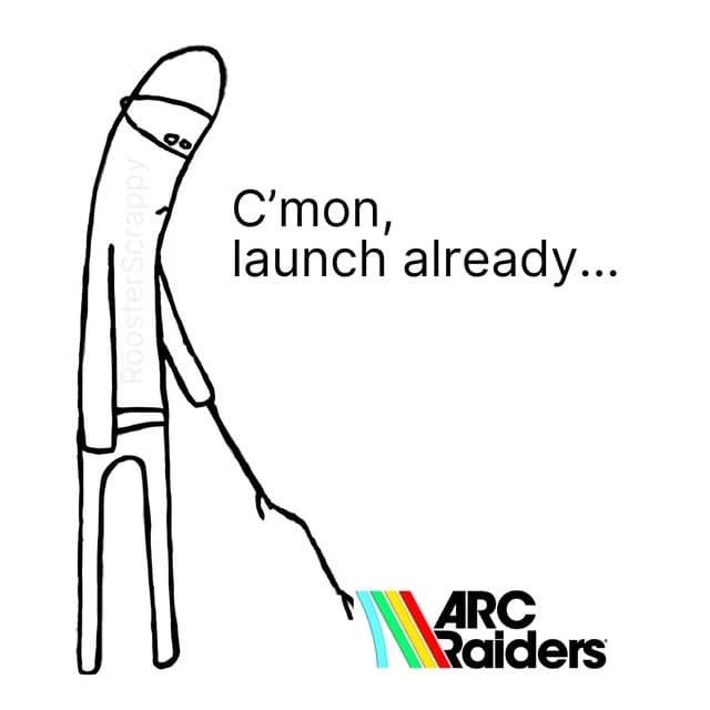 An Arc Raiders meme showing a stick figure poking the game logo waiting for it to launch.