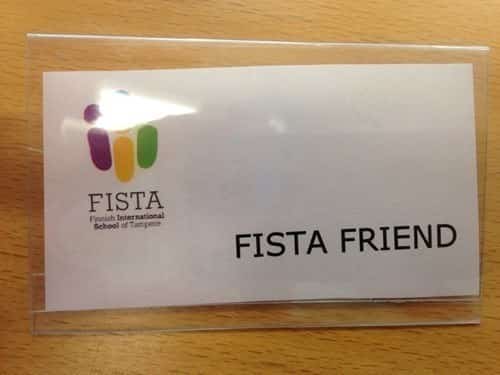 Name tag for Finnish International School of Tampere using the unfortunate acronym FISTA.
