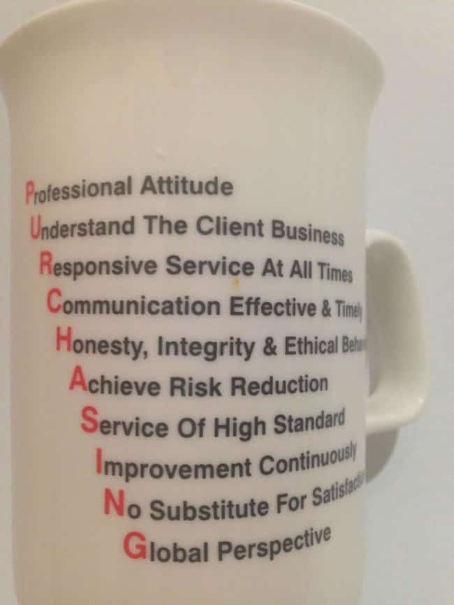 Office mug with a Purchasing acronym where the letter E stands for Improvement.