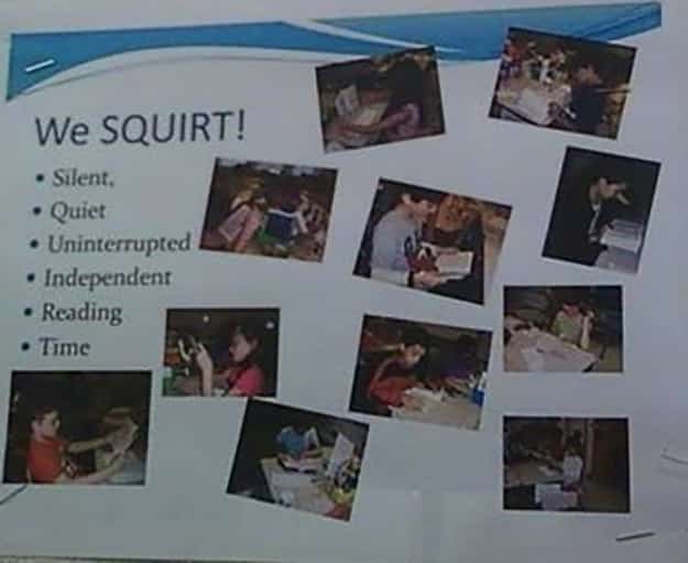 Classroom poster using the acronym SQUIRT for Silent Quiet Uninterrupted Independent Reading Time.