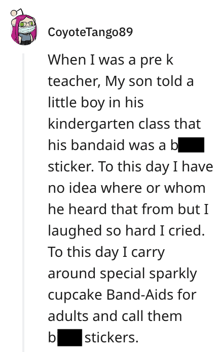 Story about a kindergarten student calling bandaids bitch stickers.