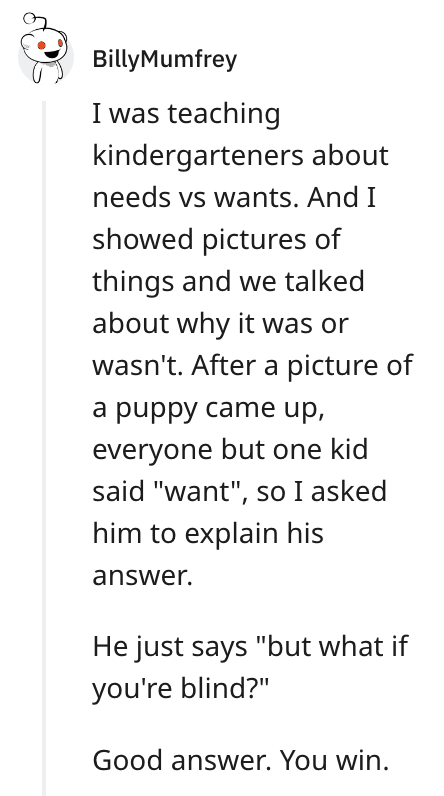 Student arguing that a puppy is a need for a blind person.