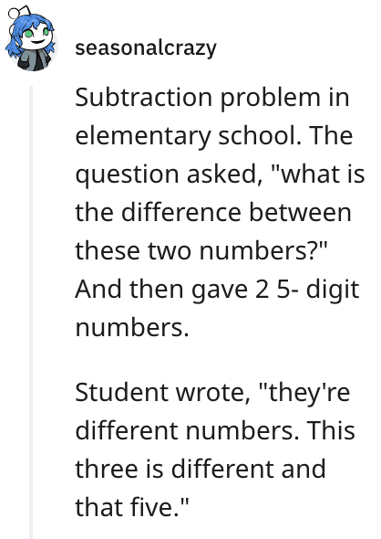 Student explaining the visual difference between two numbers on a math test.
