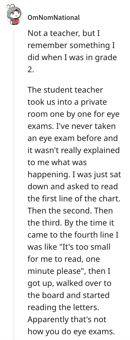 Story about a second grader walking up to the eye chart to read it.