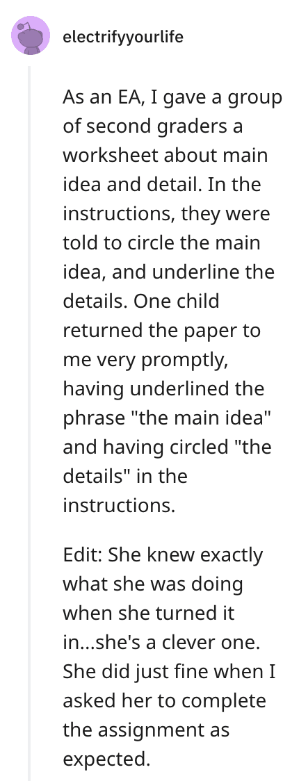 Student literally circling the words main idea in the worksheet instructions.