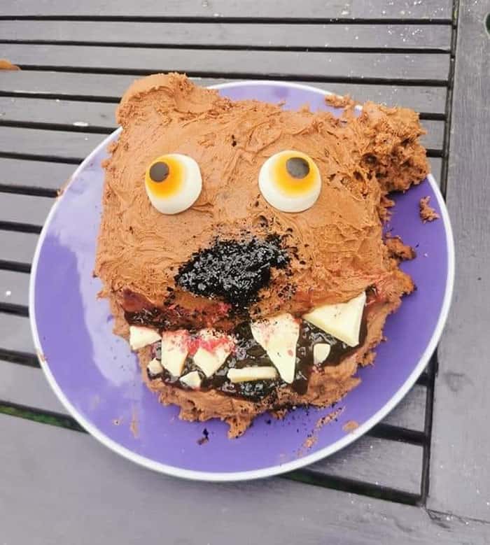 A botched cake attempting to look like a bear but looking like a brown monster with sharp white chocolate teeth.