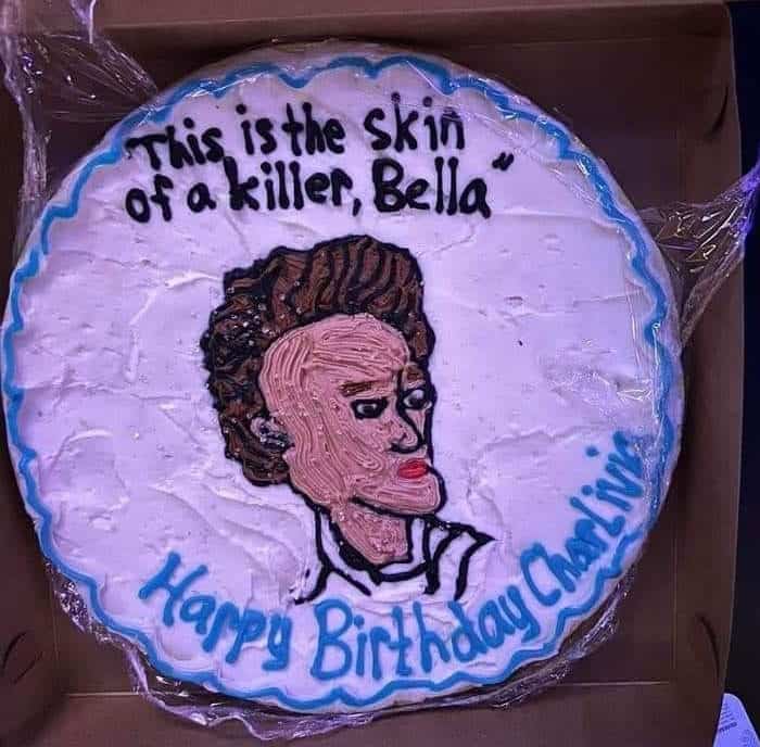 A cake fail featuring a poorly drawn Edward Cullen face and the quote This is the skin of a killer Bella.