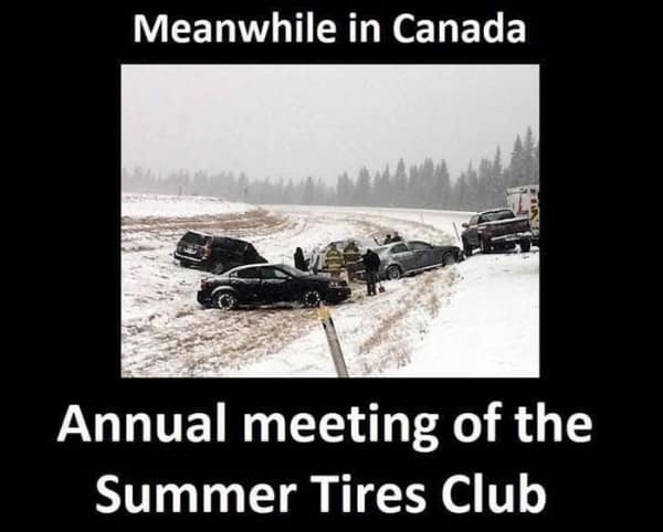 Meme about winter driving showing cars crashed in snow titled Summer Tires Club.