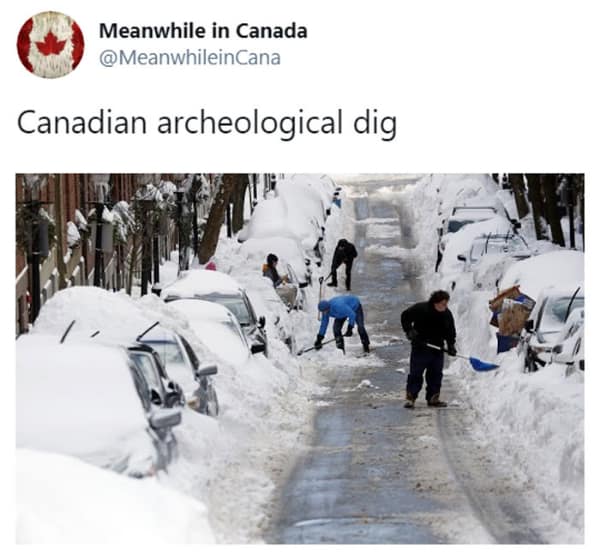 Tweet comparing digging cars out of deep snow to an archeological dig.