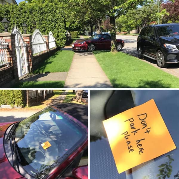 Extremely polite sticky note on a car windshield asking them not to park there.