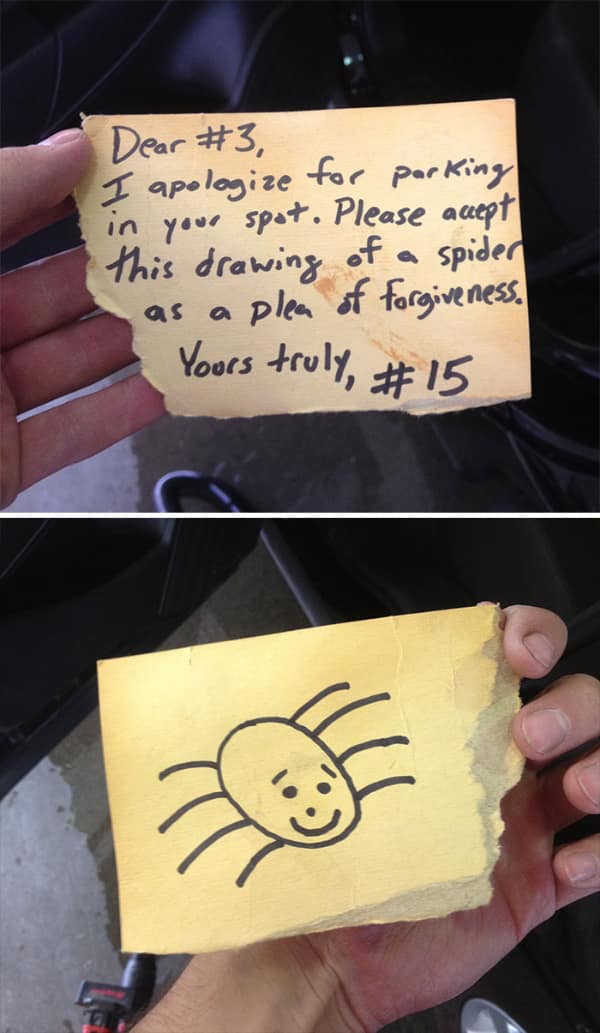 Parking note apologizing for taking a spot with a cute spider drawing included.