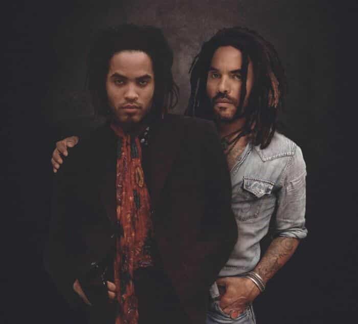 Lenny Kravitz posing with his younger self in a composite image.